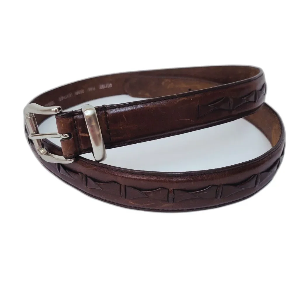 Full Grain Leather Brown Tooled Embossed Belt Size 40 1